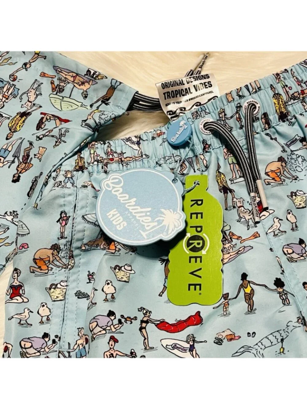 NEW Boardies Apparel Boy's Beach Folk Swim Trunks Light Blue Wet Bag Age 3/4Y